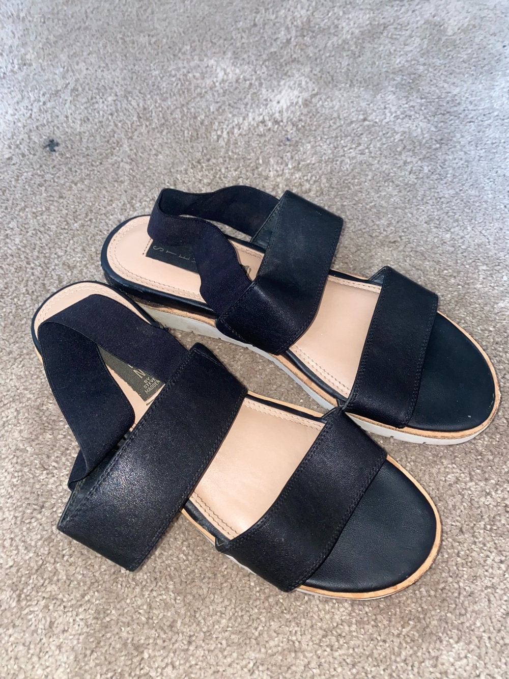 STEVEN by Steve Madden Women’s Black Leather Strap and Elastic Strap Sandals